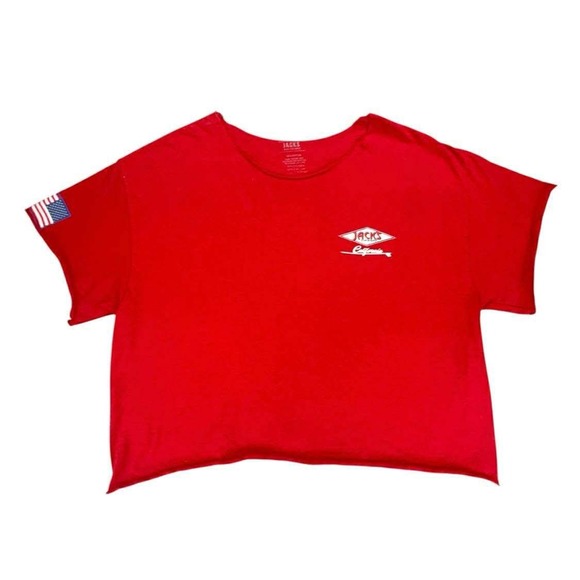 Jacks Surfboards California Red Crop Top T-Shirt USA Flag Graphic Tee Women's M - Picture 1 of 12
